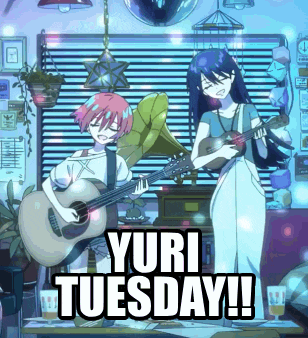 two anime girls singing and playing guitars with yuri tuesday written on the bottom