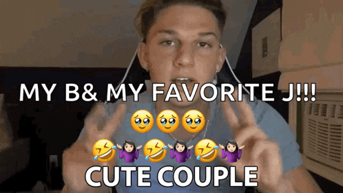a young man wearing ear buds says " my b & my favorite j !!! cute couple "