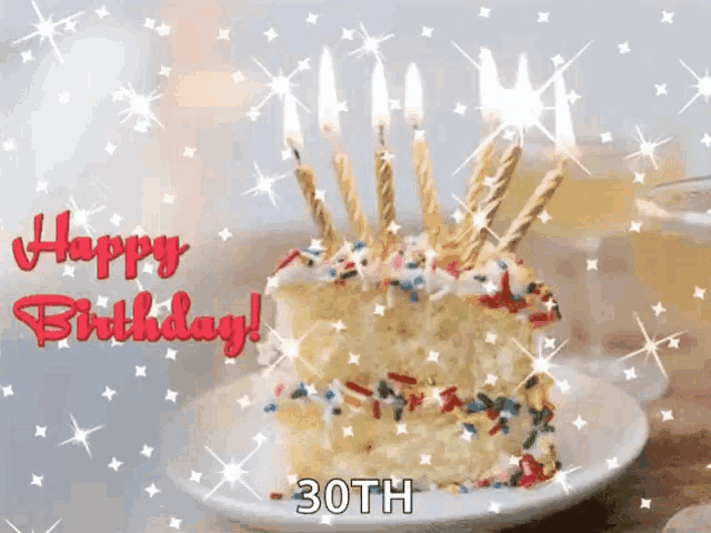 a birthday cake with candles and sprinkles is on a plate and says happy birthday 30th