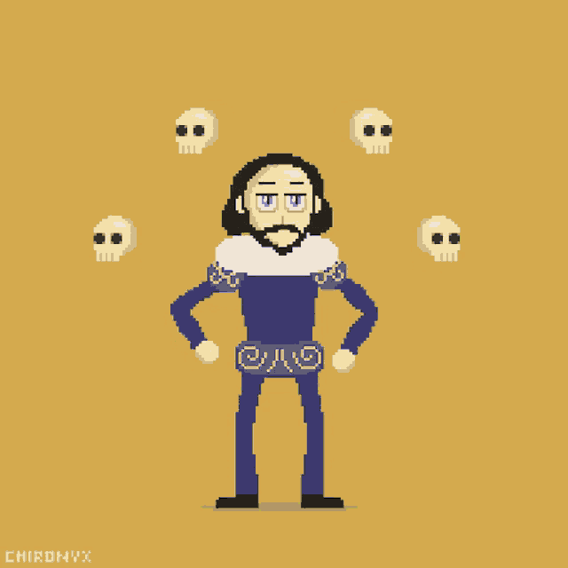 a pixel art drawing of a man surrounded by skulls with the name chirdnyx on the bottom