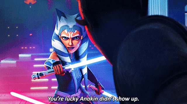 a woman holding a lightsaber says you 're lucky anakin did 't show up