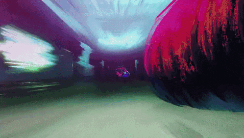 a painting of a tunnel with a purple and blue glowing wall