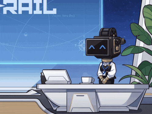 a cartoon illustration of a man with a camera on his head and the word rail in the background