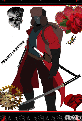 a drawing of famed hunter with a skull and roses