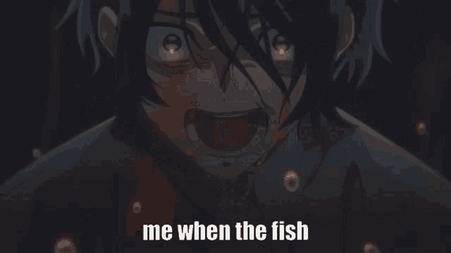 a man with blood on his face is crying with the words me when the fish below him