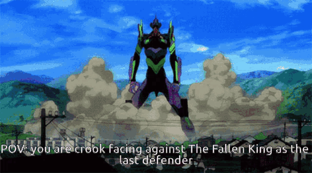 a cartoon of a robot with the words " you are crooked facing against the fallen king as the last defender "