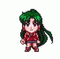a pixel art of a person with green hair coming out of a purple sphere .