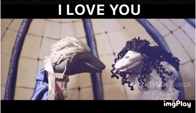 a picture of a puppet with the words " i love you " above it