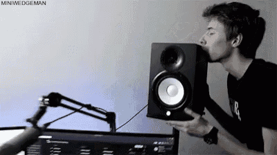 a man is kissing a speaker in front of a microphone in a studio .