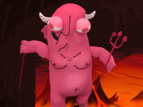 a pink monster with horns and a trident