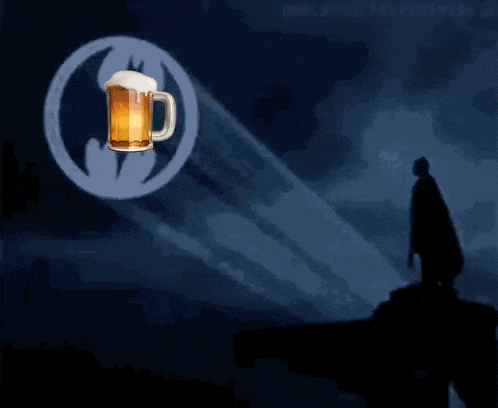 a silhouette of batman with a beer mug in front of a bat symbol