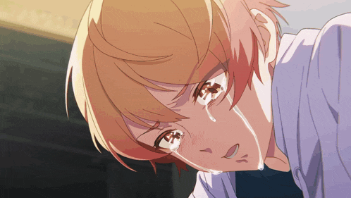 a close up of a anime character with tears running down his face