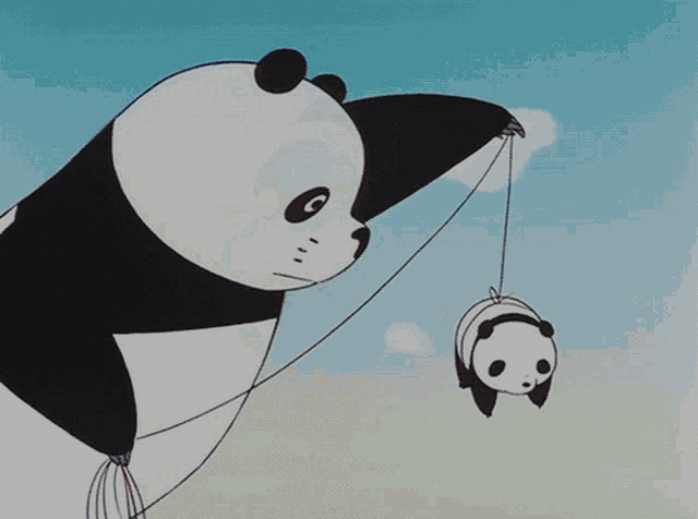 a panda bear is holding a smaller panda bear on a rope