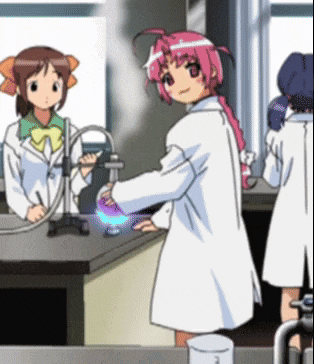 a cartoon of a girl in a lab coat holding a beaker