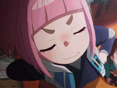 a close up of a girl with pink hair