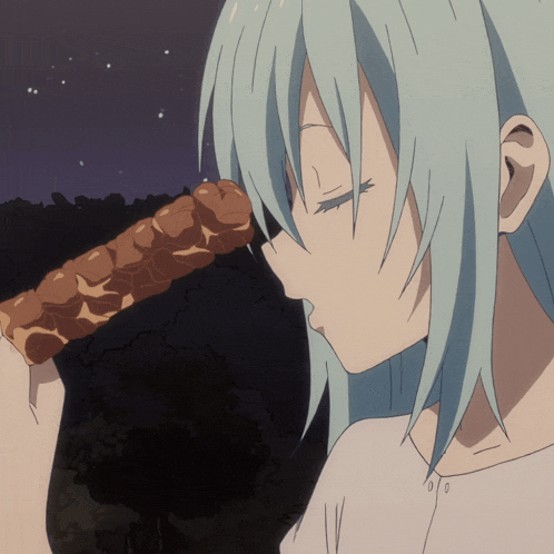 a girl with blue hair is eating a piece of food with her eyes closed