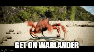 a crab on a beach with the words get on warlander written below it