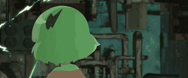 a cartoon girl with green hair is standing in a room with green lights coming out of it .