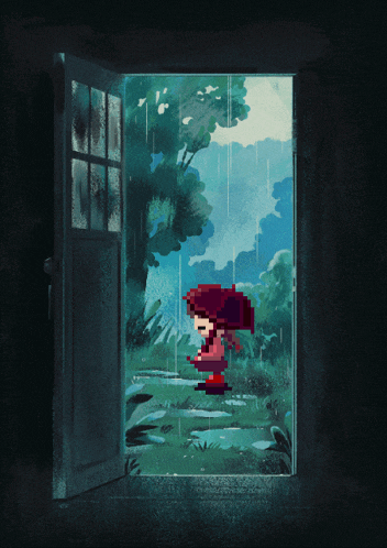 a pixel art drawing of a girl holding an umbrella in the rain