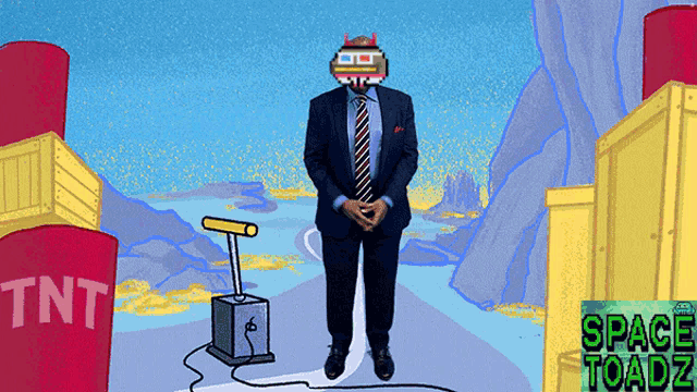 a man in a suit and tie is standing in front of a tnt sign