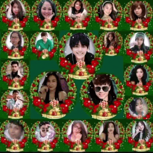 a group of people are in christmas wreaths with merry christmas written on the bottom
