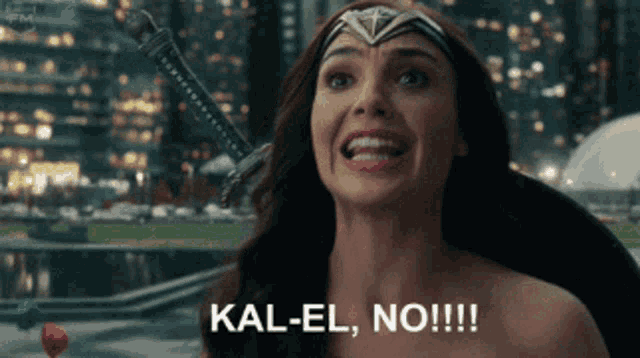 a woman with a sword on her head says kal-el no