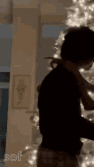 a silhouette of a person standing in front of a christmas tree