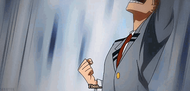 a man in a suit and tie has his fist in the air and says then
