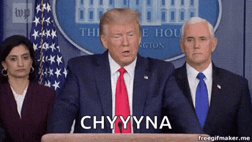 a man in a suit and tie stands at a podium with the word chyyyna in front of him