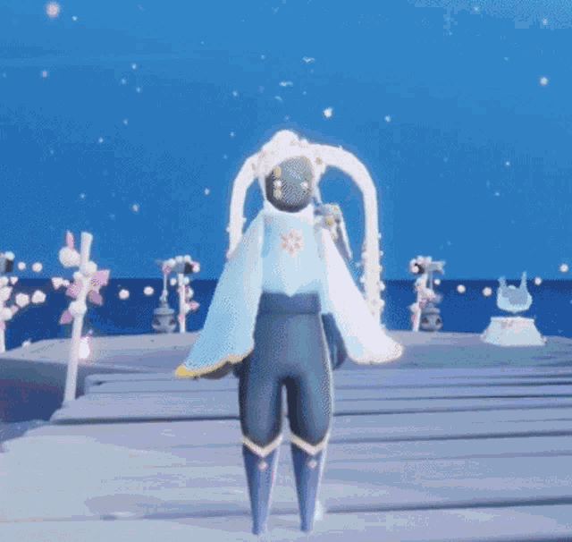 a person in a video game is standing on a dock with flowers in the background .