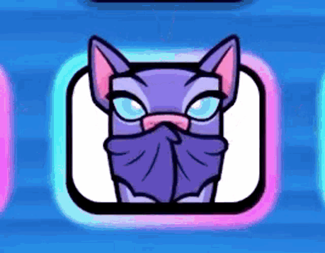 a purple cat with a bandana on its face is in a cartoon .