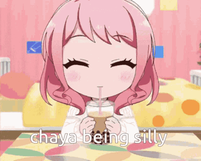 a girl with pink hair is drinking through a straw and the words " chya being silly " are written below her