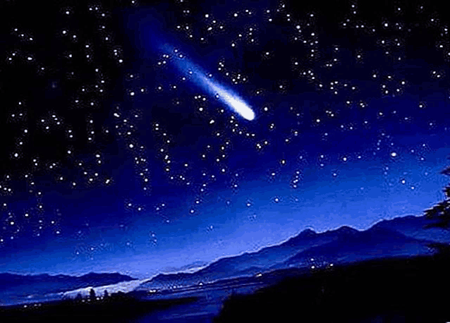 a painting of a comet flying through a starry night sky over mountains .