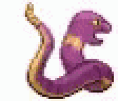 a pixel art drawing of a purple snake with a long tail on a white background .