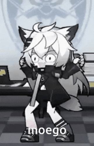 a black and white cartoon of a girl with a cat 's ears is standing in front of a desk .