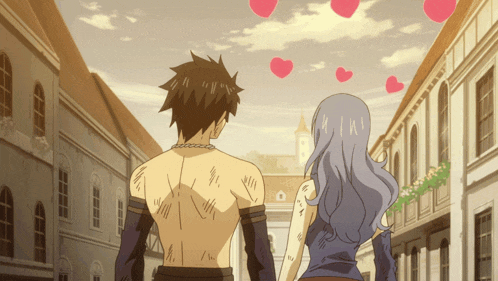 a man and a woman are walking down a street with hearts floating in the air