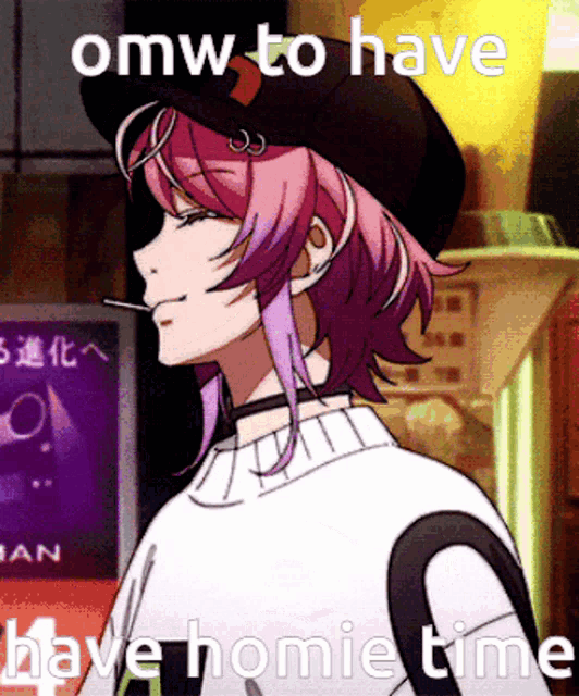 a girl with pink hair is wearing a black hat and a white sweater and says omw to have have homie time