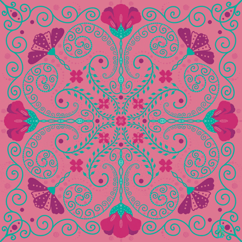 a pink and green floral pattern with swirls and dots