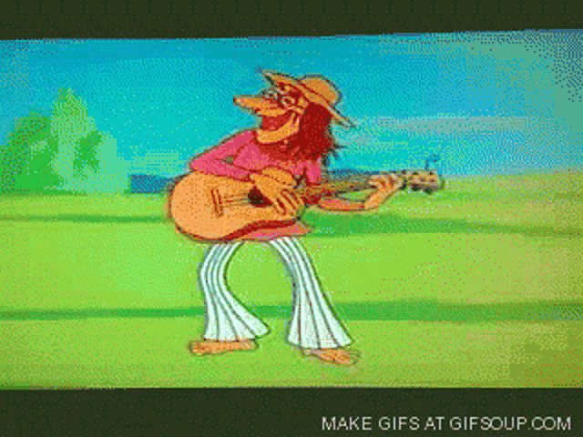 a cartoon of a man playing a guitar with the words make gifs at gifsoup.com