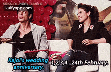 a couple of people sitting next to each other with the words kajol 's wedding anniversary in the corner