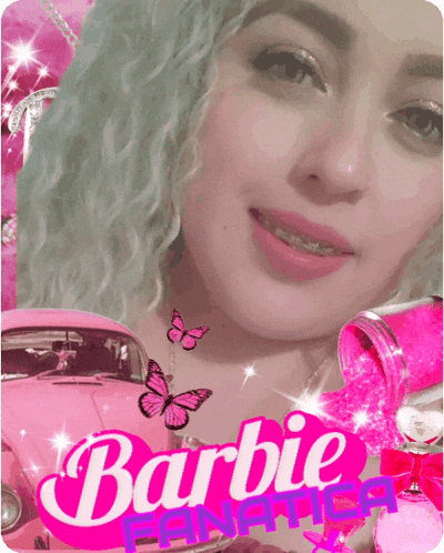 a girl with braces on her teeth is surrounded by a barbie logo