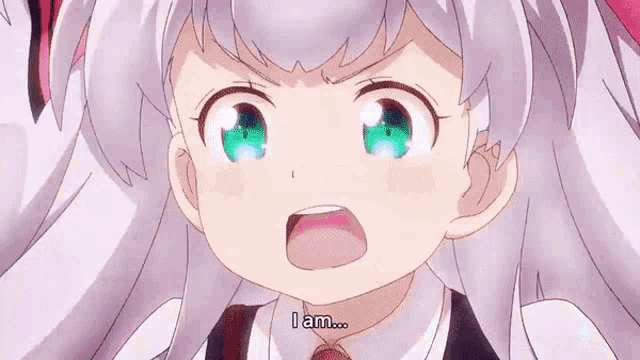 a girl with white hair and green eyes is pointing at the camera and says liam