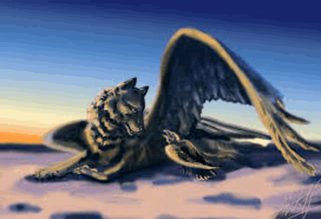 a statue of a wolf with wings laying on the ground