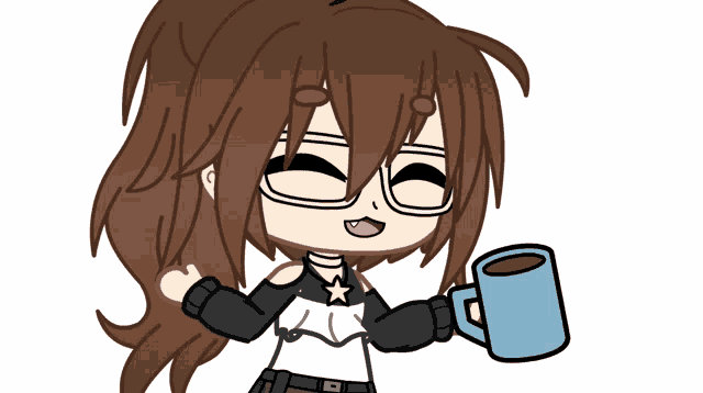 a girl with glasses is holding a blue cup