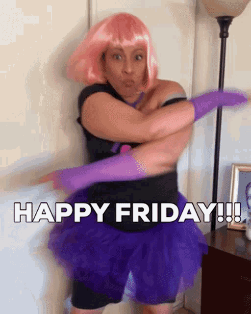 a woman in a pink wig and purple tutu is holding a hula hoop and says happy friday ..
