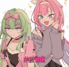 two anime girls are standing next to each other with the hashtag #crink on the bottom