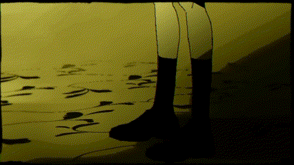 a black and white drawing of a person 's legs with a yellow background
