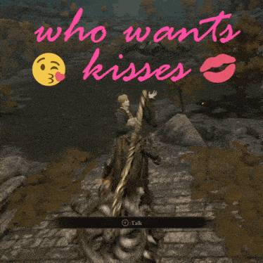 a screenshot of a video game with the words " who wants kisses "