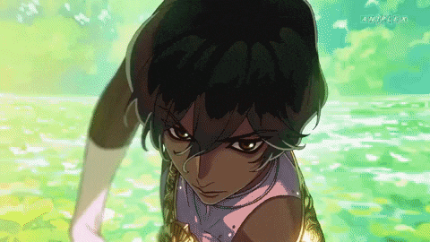 a cartoon drawing of a girl with a green hair and a necklace