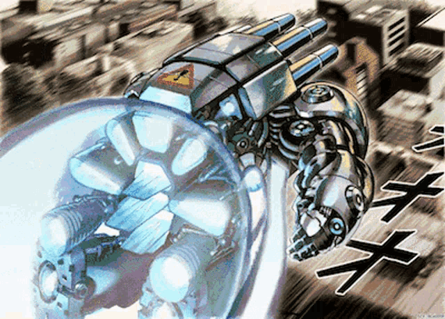 a drawing of a robot flying through the air with a warning sign on it